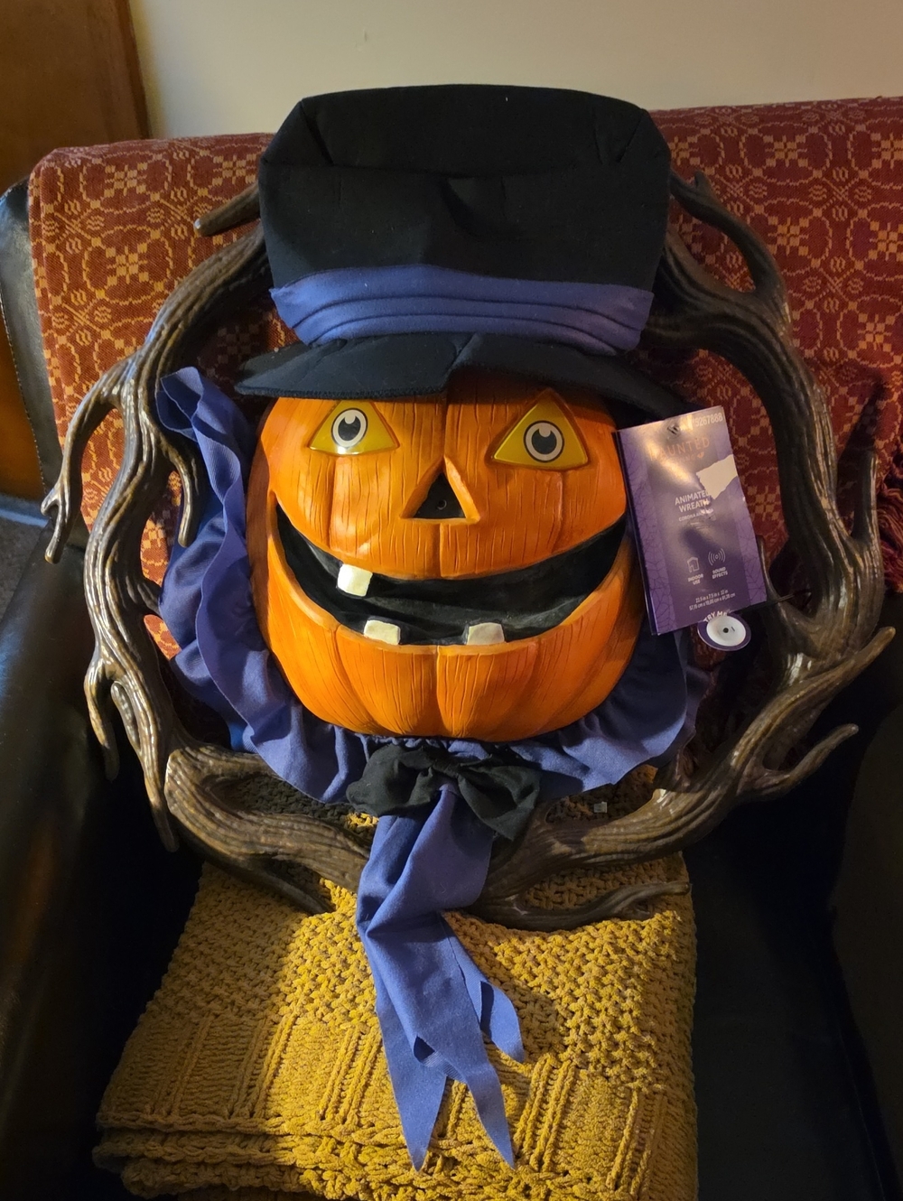 Whimsical Orange Pumpkin Wreath with Purple Scarf and Black Top Hat